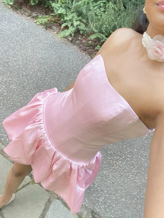 Vestido corto de verano rosa sin tirantes, corte A, para cumpleaños, minivestido de fiesta para 19.º cumpleaños, DP973