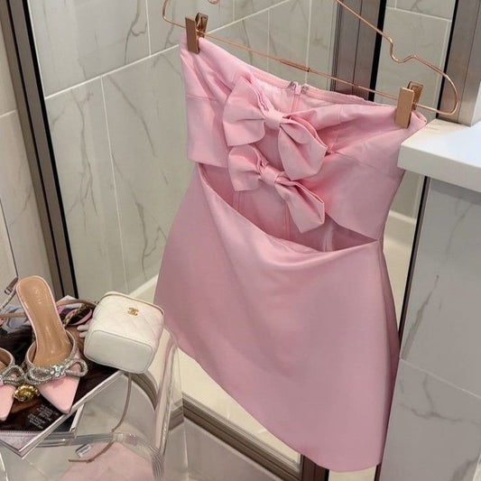 Vestido corto de satén rosa sin tirantes, corte A, para cumpleaños, para verano, para fiesta de 19 años, DP978