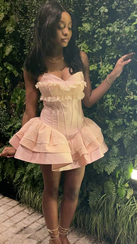 Vestido corto de verano con escote en forma de A, color rosa, con escote en forma de corazón, para cumpleaños, ideal para fiestas de 19 años (DP991)