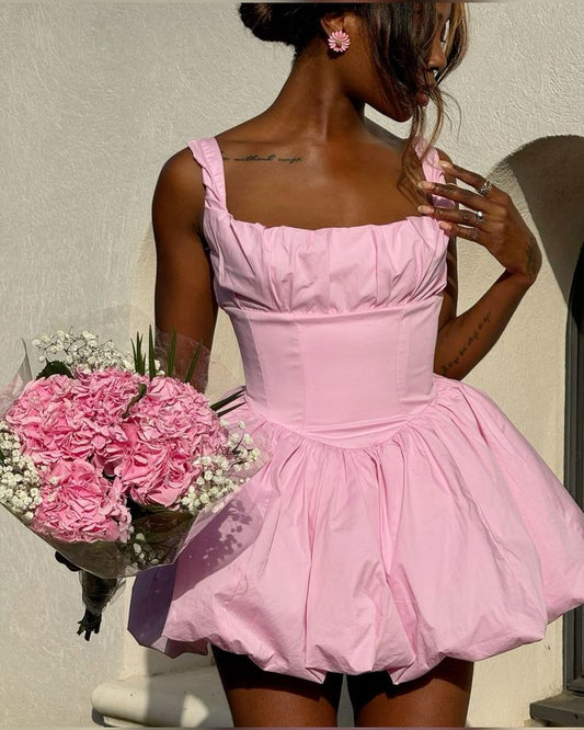 Vestido corto rosa de verano con tirantes finos, corte A, para cumpleaños, minivestido de fiesta para 18 años, DP994