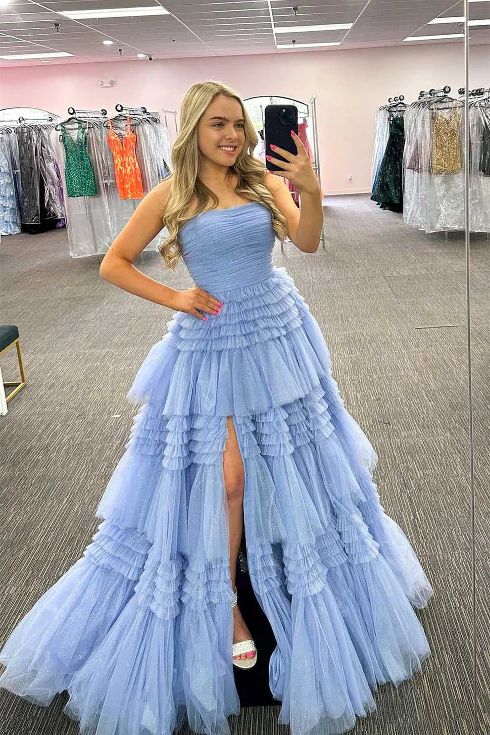 A-Line Strapless Tulle Long Prom Dress with Tiered Ruffles gh2676