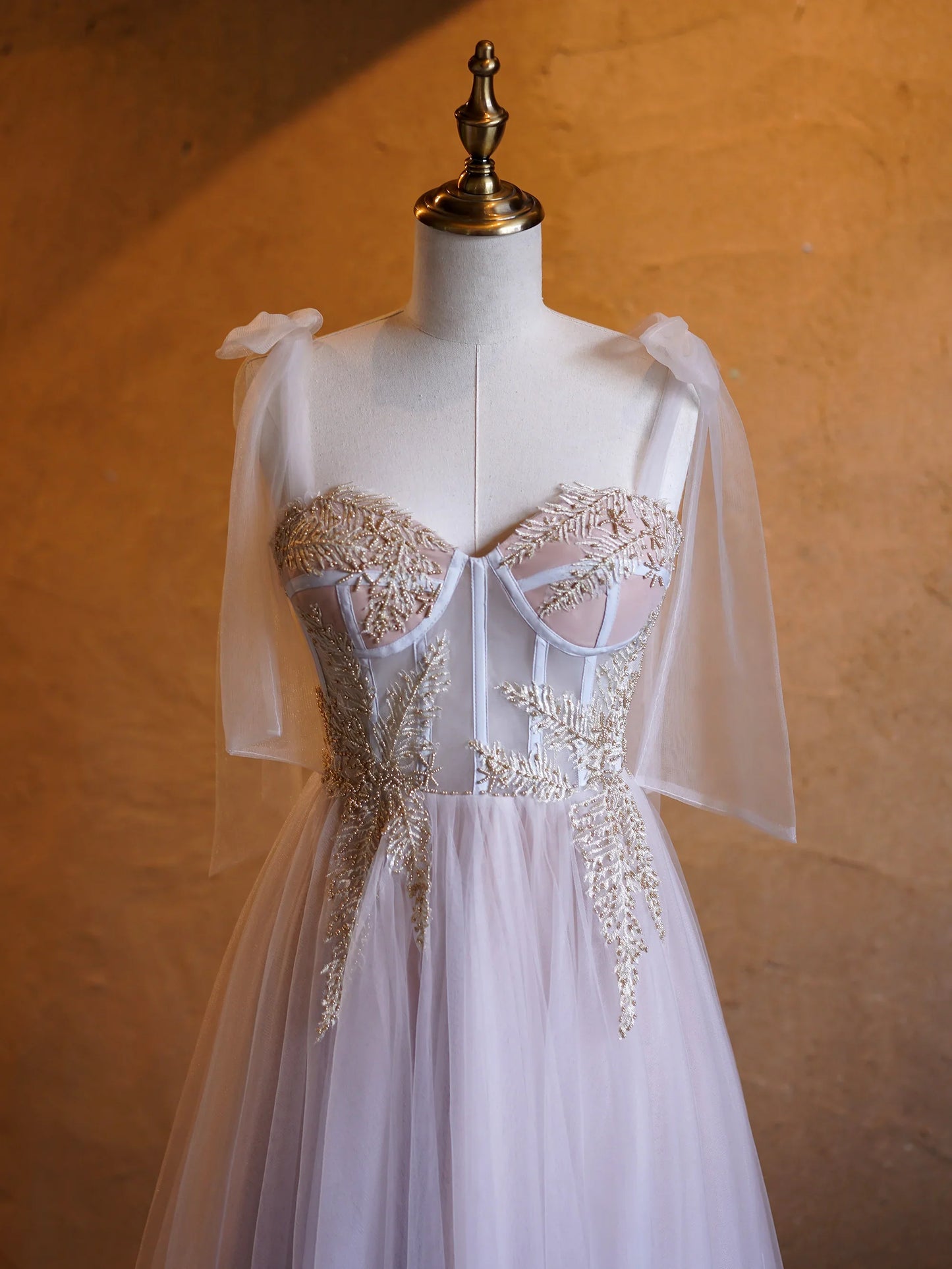 A-line Corset Applique Tulle Bow Straps Long Prom Dress with Sweep Train SH1694