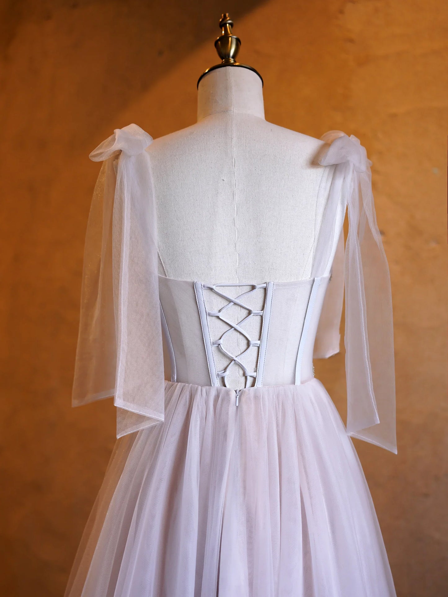 A-line Corset Applique Tulle Bow Straps Long Prom Dress with Sweep Train SH1694