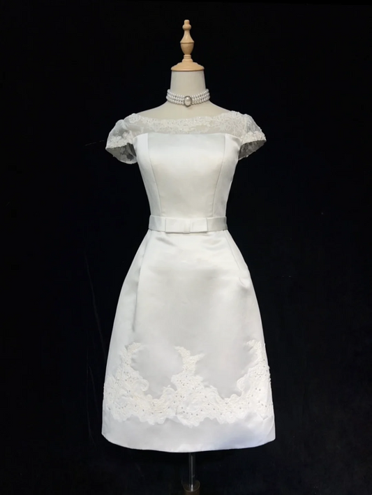 Vestido de novia modesto, corte tubo, escote redondo, manga corta, encaje, para verano, DH1440