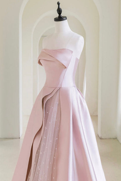 Strapless Satin Pearls Tulle Long Prom Dresses, A-line Pink Formal Gown GP687