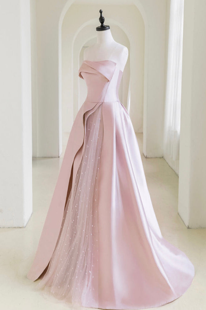 Strapless Satin Pearls Tulle Long Prom Dresses, A-line Pink Formal Gown GP687