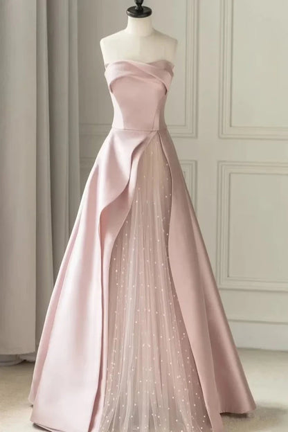 Strapless Satin Pearls Tulle Long Prom Dresses, A-line Pink Formal Gown GP687