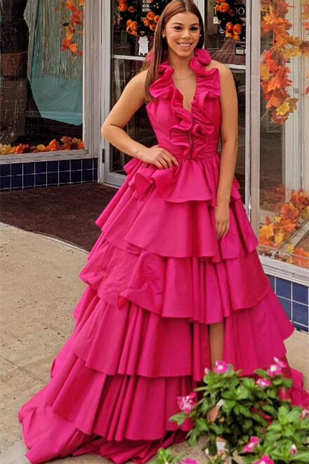 Unique Ruffles Halter Red Tiered Satin Pleated Long Prom Dresses GP568