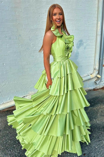 Unique Ruffles Halter Red Tiered Satin Pleated Long Prom Dresses GP568