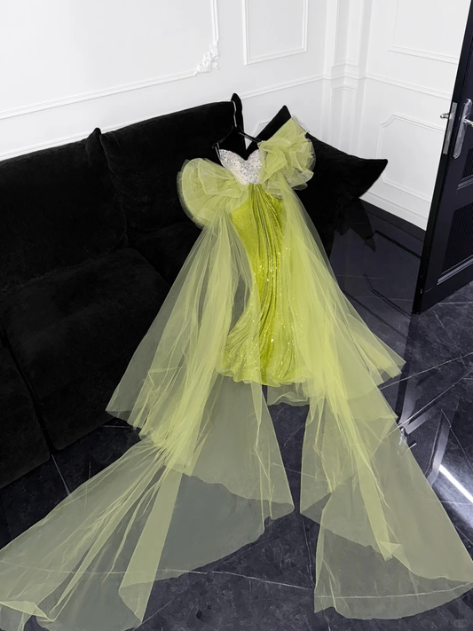 Gorgeous Mermaid Strapless Rhinestone Green Sequin Tulle Long Prom Dress Evening Dress SH3098