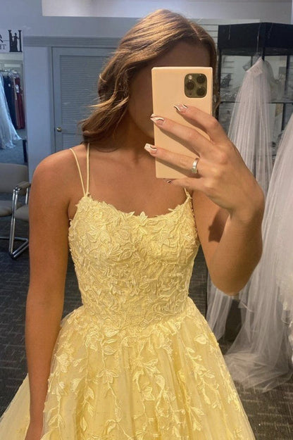 Daffodil Tulle Long Prom Dresses, Floral Appliques Formal Evening Dress GP148