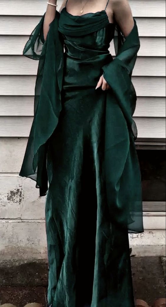 Dark Green Sheath Silk Satin Prom Dress,Long Night Dresses Party