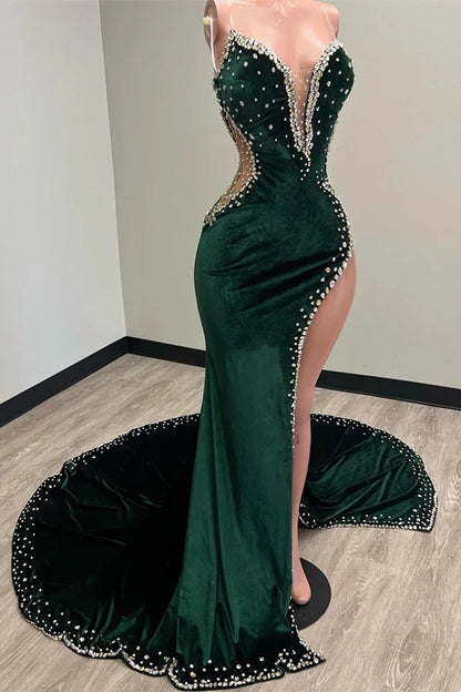 Dark Green Velvet Sexy Black Girls Prom Dresses Long Birthday Dress, AST884