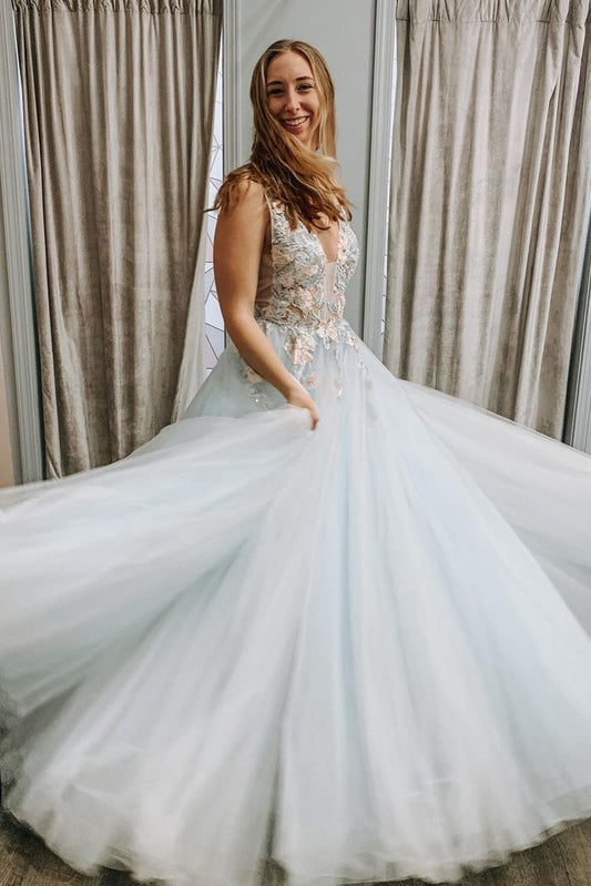 Floral Appliques Long Prom Dresses V-neck Graduation Gown GP112