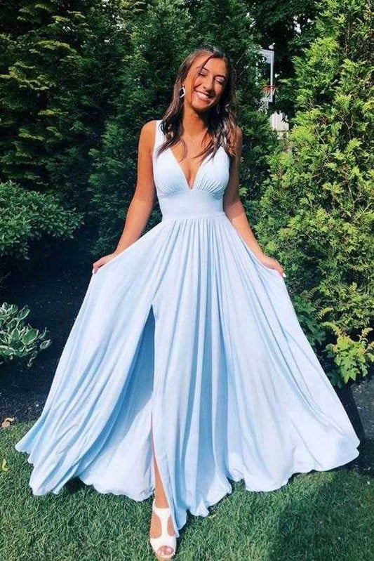 Vestidos de fiesta largos en azul claro con escote en V profundo, vestidos de dama de honor sencillos y fluidos