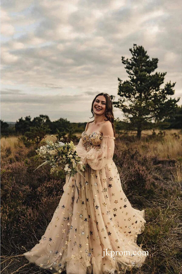 Vestido de fiesta campestre de corte A, nuevo y único, vestido de noche modesto de tul con mangas largas