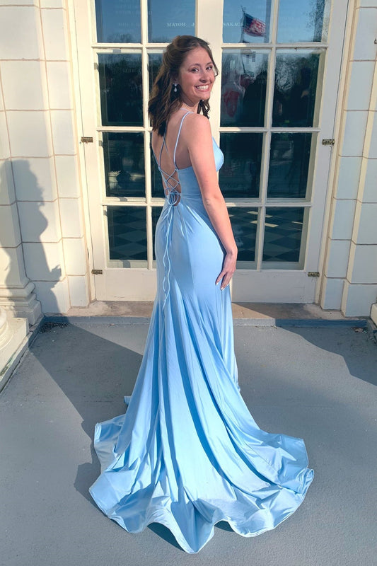 Fancy Double Straps Blue Satin Mermaid Long Dress