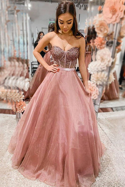 Dusty Pink Sweetheart Beaded Top A-line Long Prom Dress, Strapless Formal Gown GP339