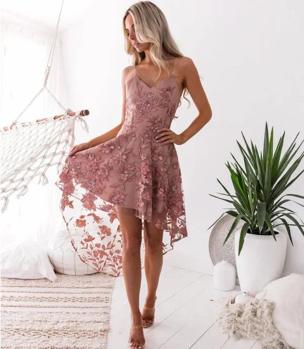 Vestido de fiesta con tirantes finos, corte A y apliques de encaje rosa empolvado, TP3616