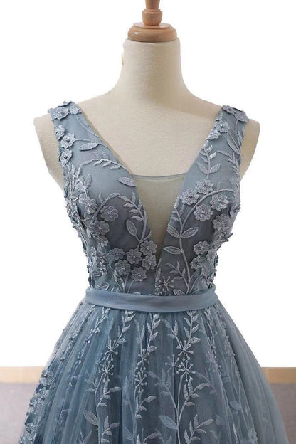 Dusty Blue Tulle Long Prom Dress With Appliques Formal Gown GP62