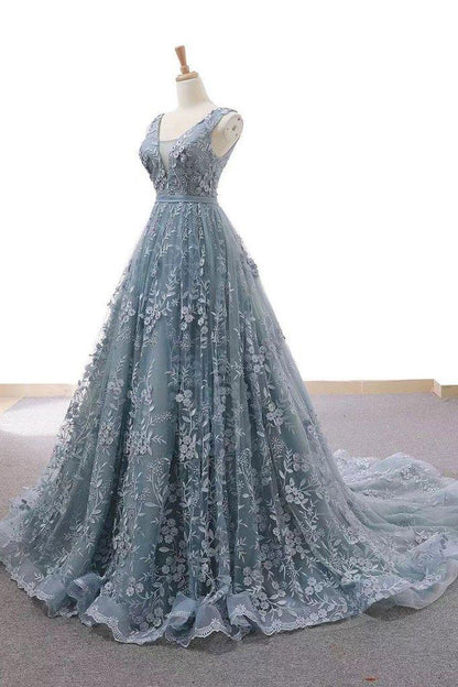 Dusty Blue Tulle Long Prom Dress With Appliques Formal Gown GP62