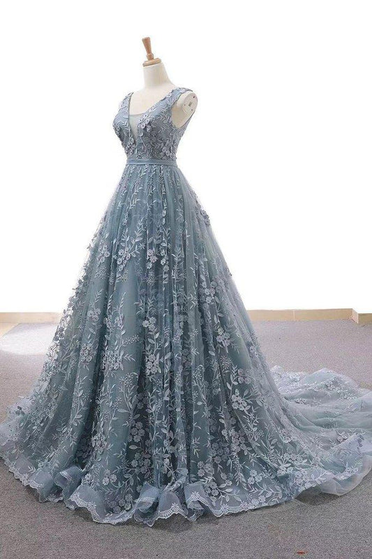Dusty Blue Tulle Long Prom Dress With Appliques Formal Gown GP62