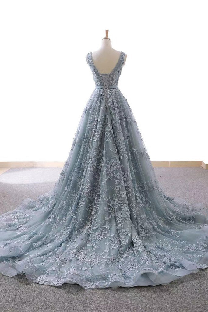 Dusty Blue Tulle Long Prom Dress With Appliques Formal Gown GP62