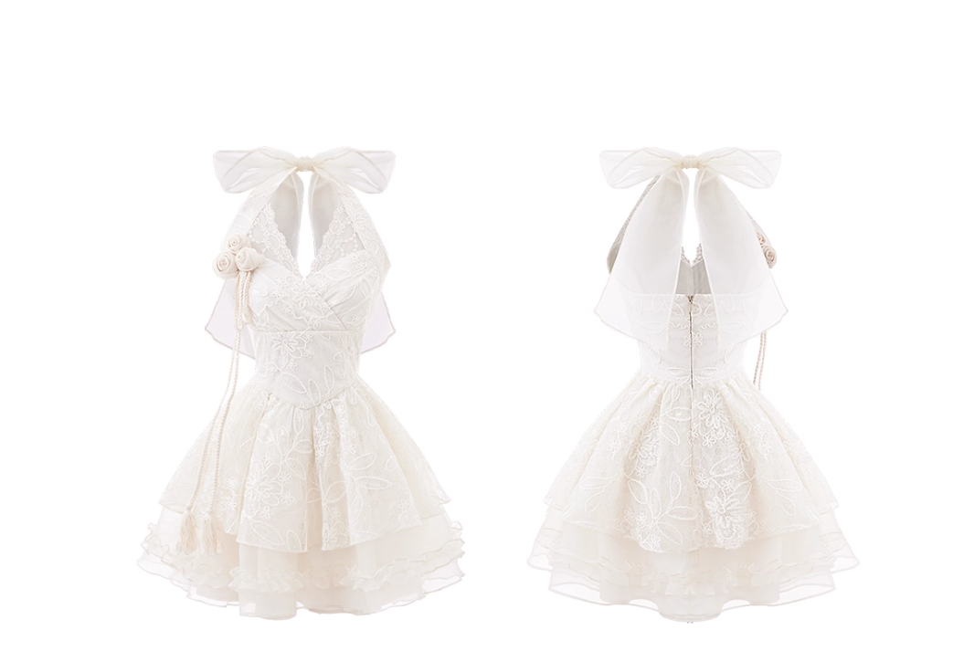 Hermoso vestido de fiesta con cuello halter, color marfil, con encaje, corto, mini, formal, para octavo grado, vestido de verano para escuela secundaria, atuendos para el regreso a casa DH682