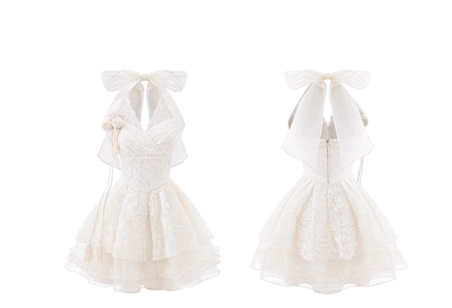 Hermoso vestido de fiesta con cuello halter, color marfil, con encaje, corto, mini, formal, para octavo grado, vestido de verano para escuela secundaria, atuendos para el regreso a casa DH682