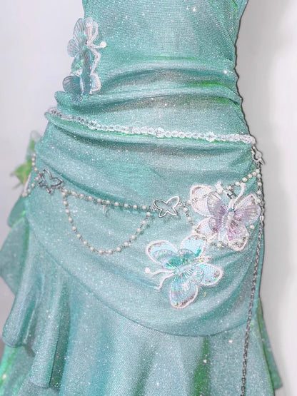 Vestido corto de fiesta para 16 cumpleaños, con tirantes finos, volantes y lentejuelas brillantes, color verde menta, TP4039