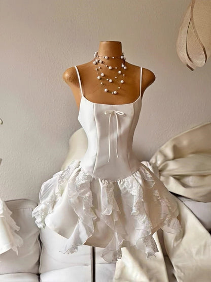 Simple A line Spaghetti Straps White Short Satin Formal Homecoming Dresses Party Graduation Dress Hoco Dresses DH2754