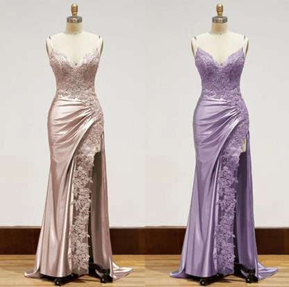 Elegant Black Spaghetti Straps Evening Dresses Satin Sheath Long Prom Dresses with Slits ED001