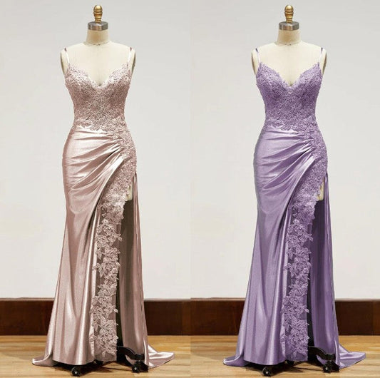 Elegant Black Spaghetti Straps Evening Dresses Satin Sheath Long Prom Dresses with Slits ED001