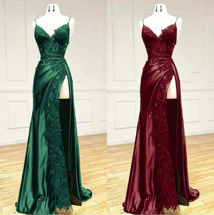 Elegant Black Spaghetti Straps Evening Dresses Satin Sheath Long Prom Dresses with Slits ED001