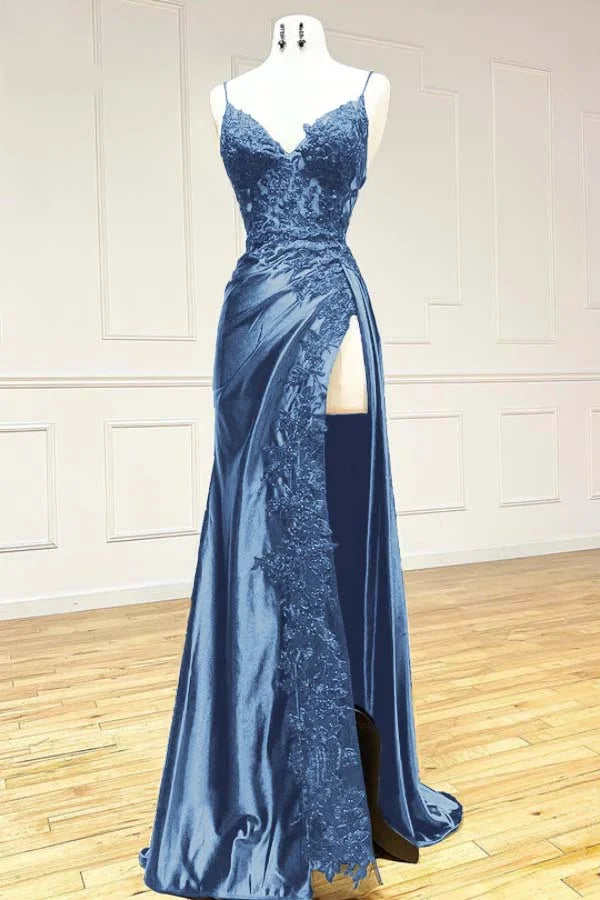 Elegant Black Spaghetti Straps Evening Dresses Satin Sheath Long Prom Dresses with Slits ED001