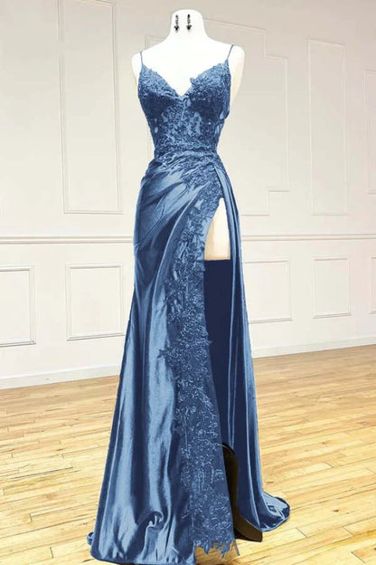 Elegant Black Spaghetti Straps Evening Dresses Satin Sheath Long Prom Dresses with Slits ED001