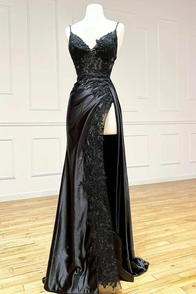 Elegant Black Spaghetti Straps Evening Dresses Satin Sheath Long Prom Dresses with Slits ED001