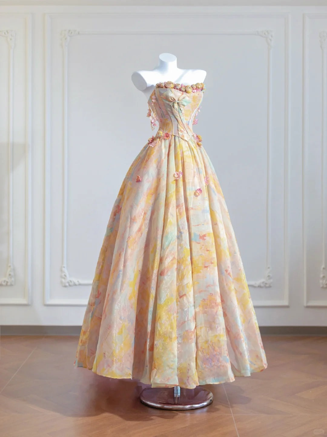 Gorgeous Butter Yellow Strapless Satin A-Line Long Prom Dresses Unique Wedding Dresses ED02353