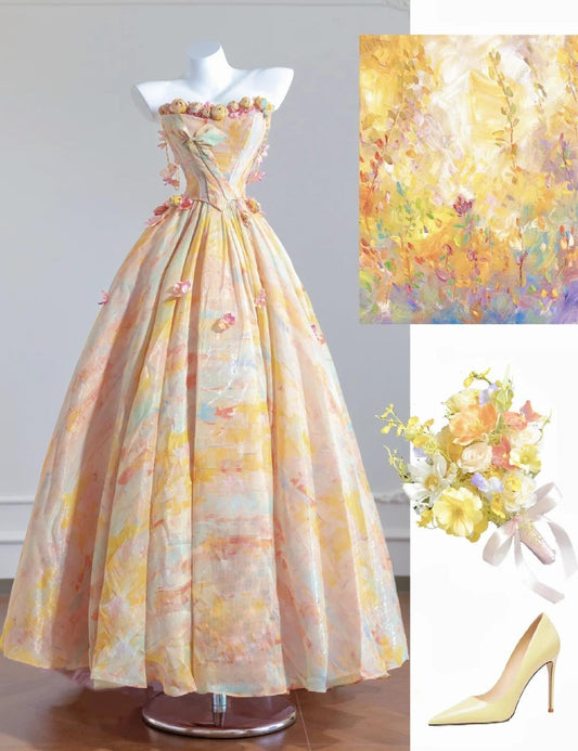 Gorgeous Butter Yellow Strapless Satin A-Line Long Prom Dresses Unique Wedding Dresses ED02353