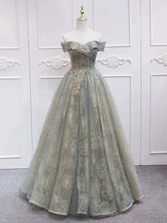 Vestido de fiesta largo gris de tul con encaje y hombros descubiertos ED002