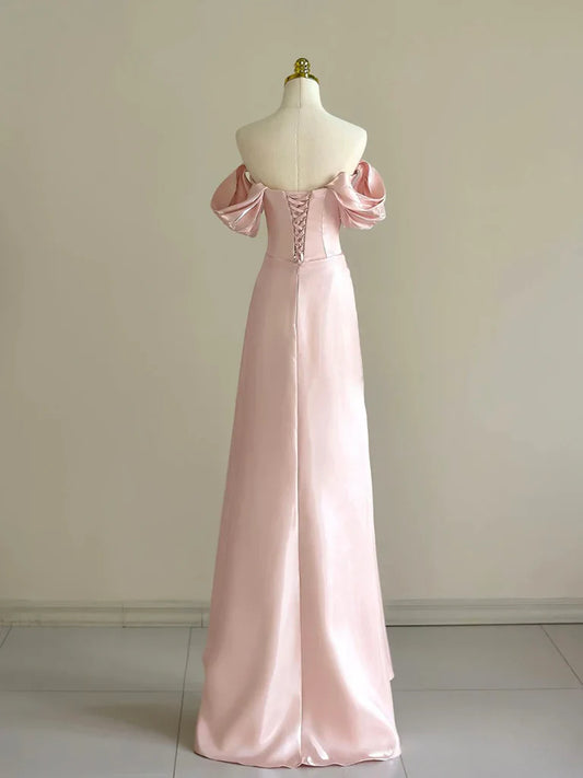 Vestido de fiesta largo de satén rosa con corte en A y hombros descubiertos ED005