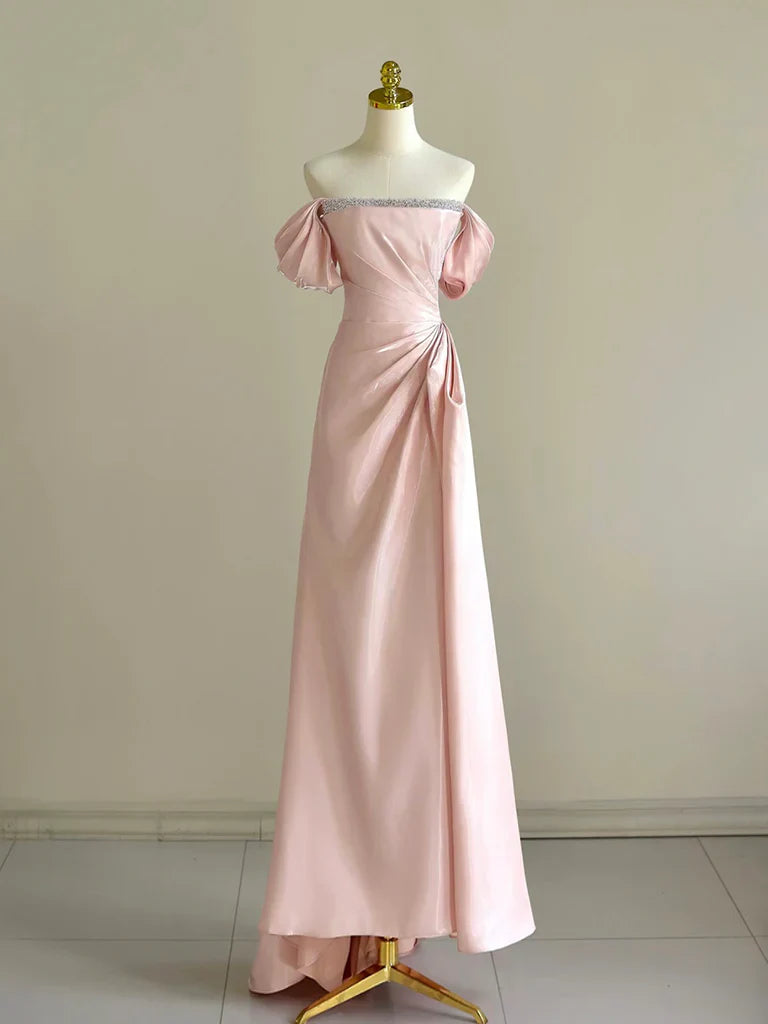 Vestido de fiesta largo de satén rosa con corte en A y hombros descubiertos ED005