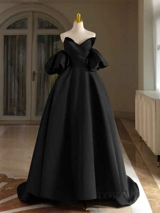 Vestido de fiesta largo de satén negro con escote en V y mangas abullonadas, vestido formal largo negro ED006