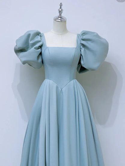 Vestido de fiesta largo de satén azul con escote cuadrado y corte en A, vestido formal azul ED007