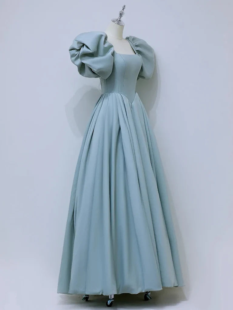 Vestido de fiesta largo de satén azul con escote cuadrado y corte en A, vestido formal azul ED007