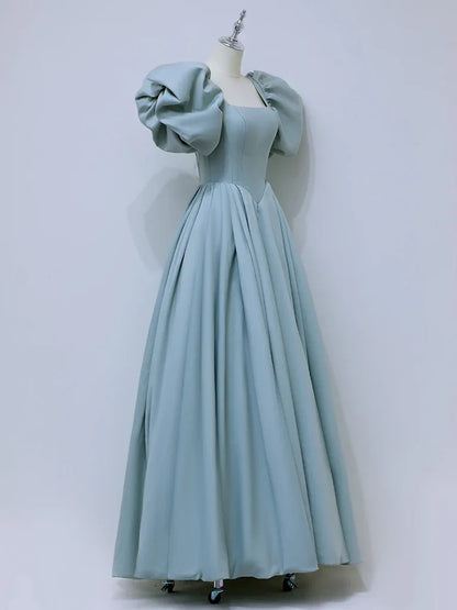 Vestido de fiesta largo de satén azul con escote cuadrado y corte en A, vestido formal azul ED007