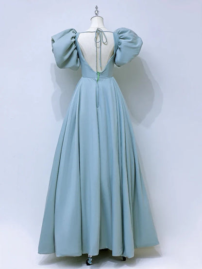 Vestido de fiesta largo de satén azul con escote cuadrado y corte en A, vestido formal azul ED007