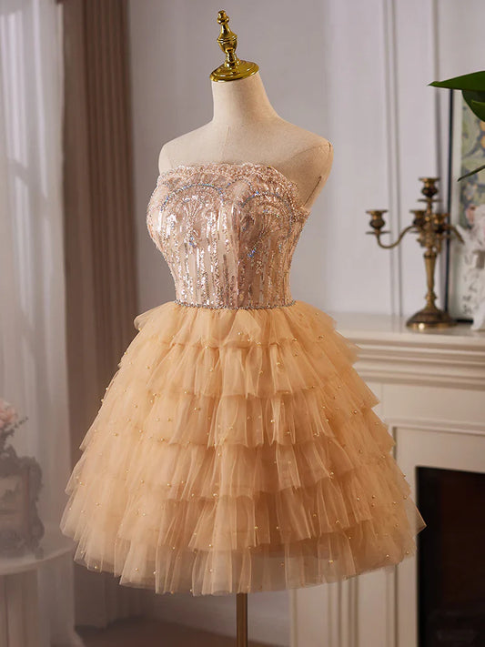 Vestido de fiesta corto color champán con encaje de tul y corte A, vestido de bienvenida color champán ED008