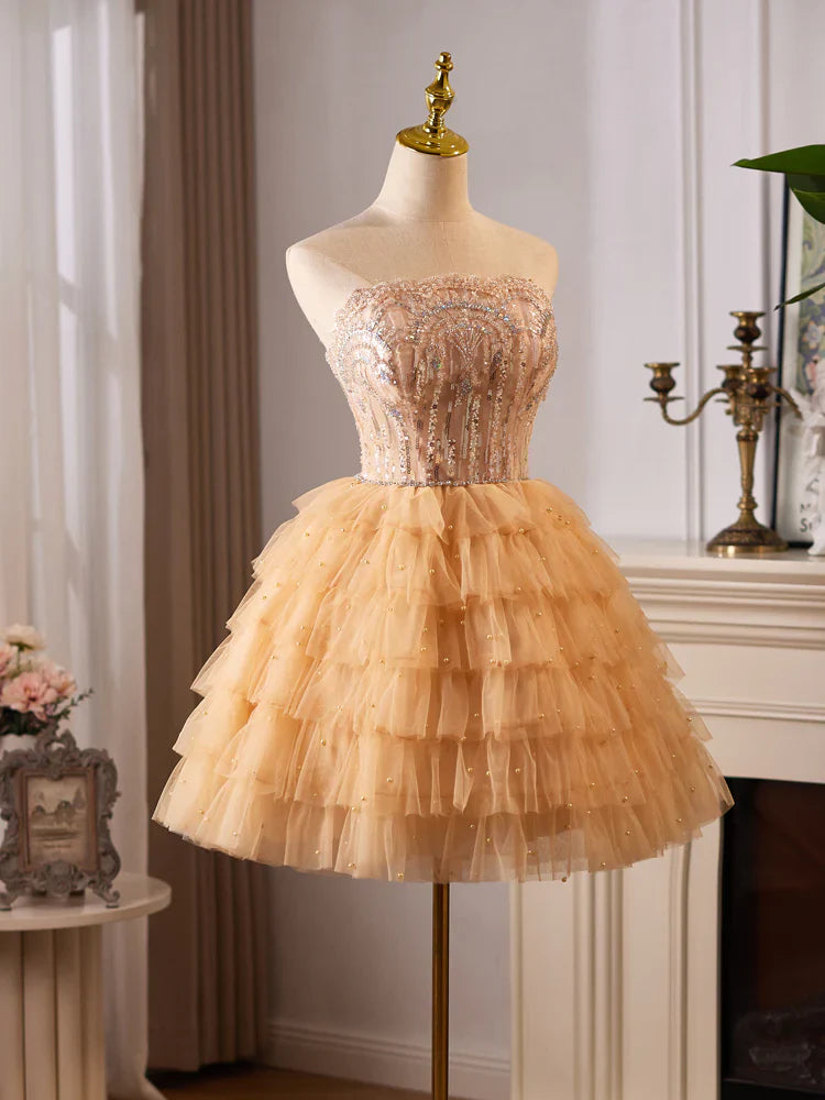 A-Line Tulle Lace Champagne Short Prom Dress, Champagne Homecoming Dress ED008