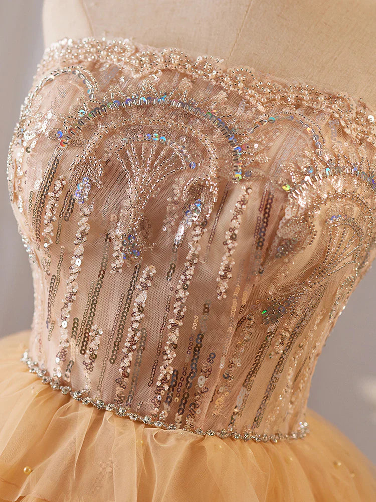 A-Line Tulle Lace Champagne Short Prom Dress, Champagne Homecoming Dress ED008